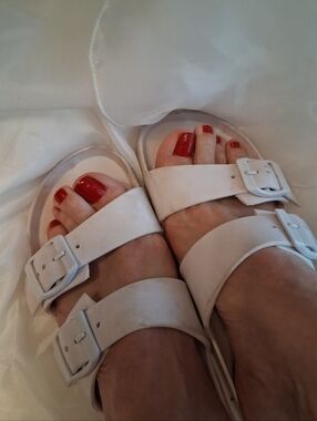 Women's Worn White Double-Buckle Slide Sandals